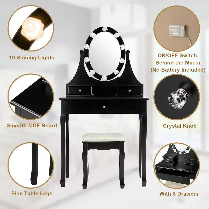 Set toeletta illuminata nera con specchio, 3 cassetti e sgabello, per 1 persona