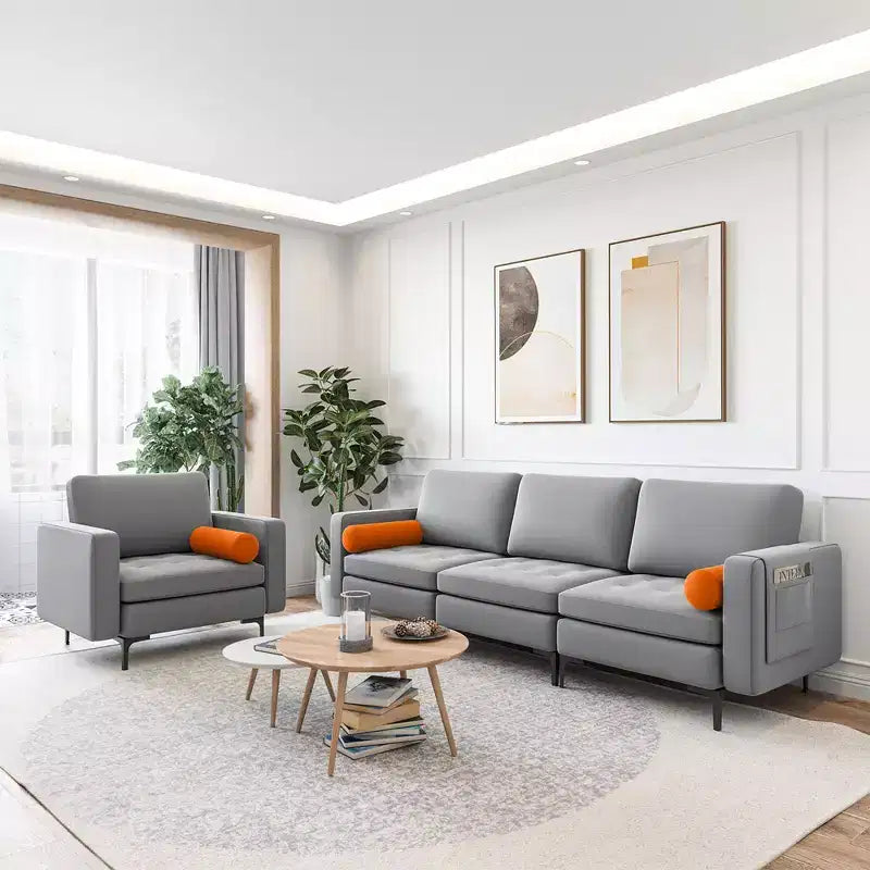 Divano componibile moderno a 3 posti Costway con tasca laterale e gambe in metallo, grigio cenere