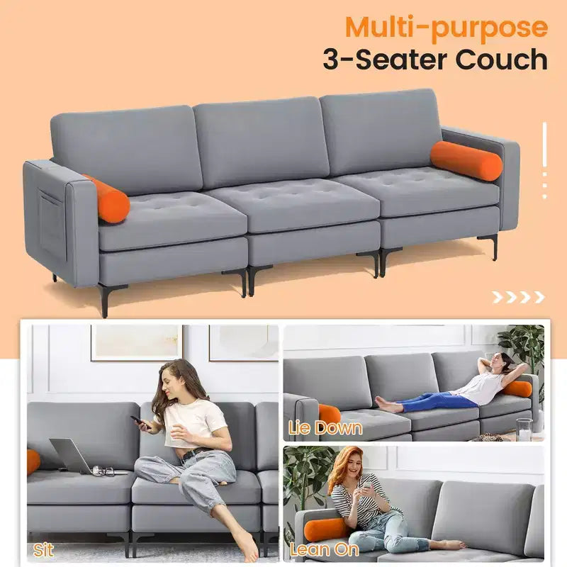 Divano componibile moderno a 3 posti Costway con tasca laterale e gambe in metallo, grigio cenere