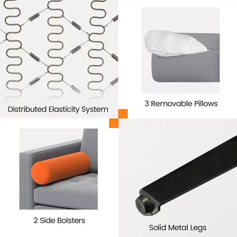 Divano componibile moderno a 3 posti Costway con tasca laterale e gambe in metallo, grigio cenere