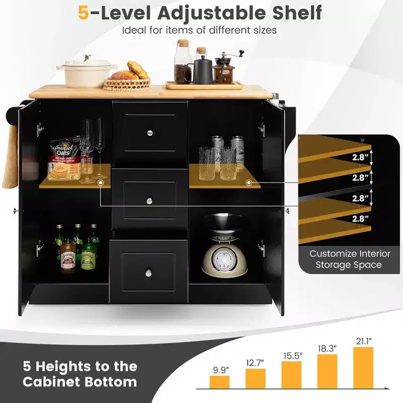 Carrello da Cucina su Ruote con Cassetti, Armadietti e Porta Spezie Nero/Bianco Costway