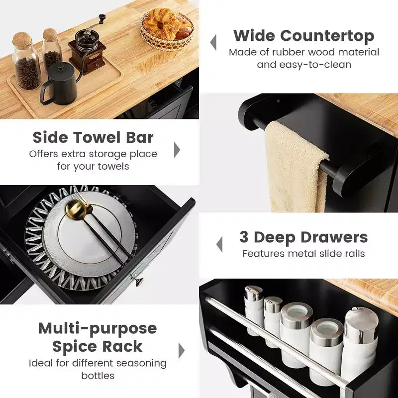 Carrello da Cucina su Ruote con Cassetti, Armadietti e Porta Spezie Nero/Bianco Costway