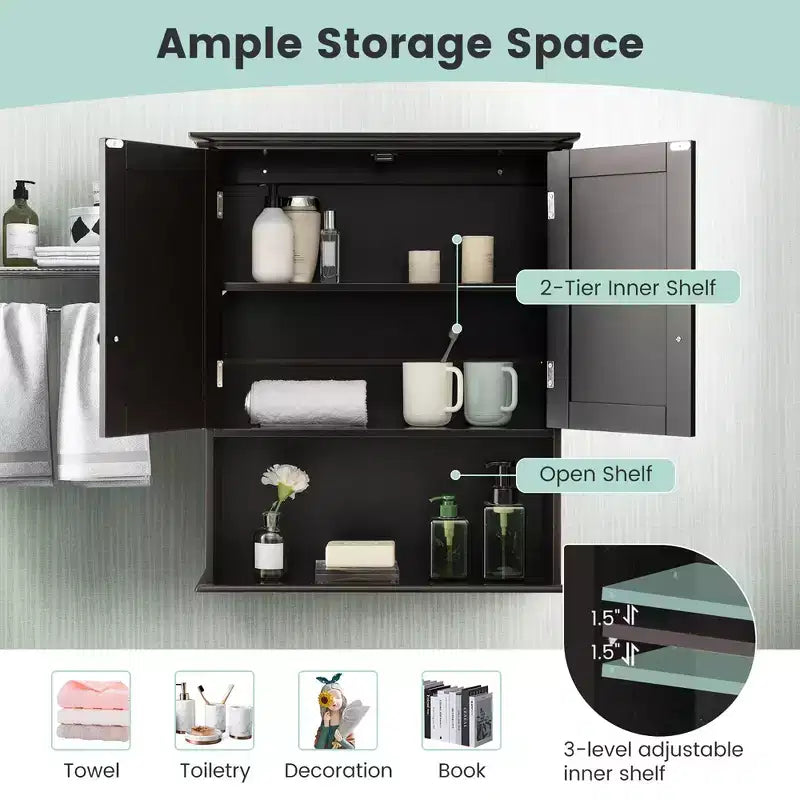 Costway Mobiletto da Bagno a Parete Armadietto per Medicinali in Legno Organizzatore Contenitore