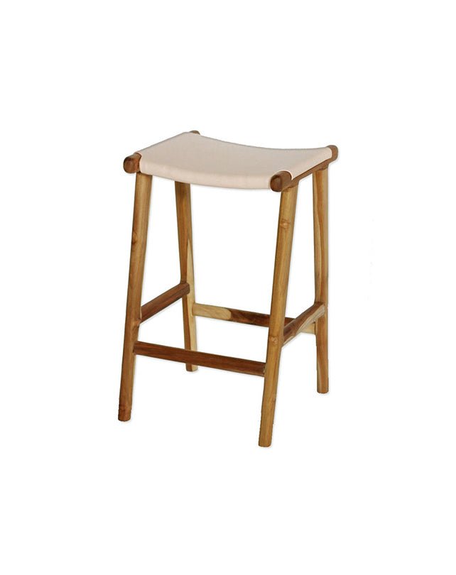 Sgabello da banco con seduta in pelle naturale piatta e struttura in teak