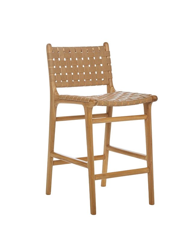 Sgabello da bancone in teak con cinghie in pelle e schienale