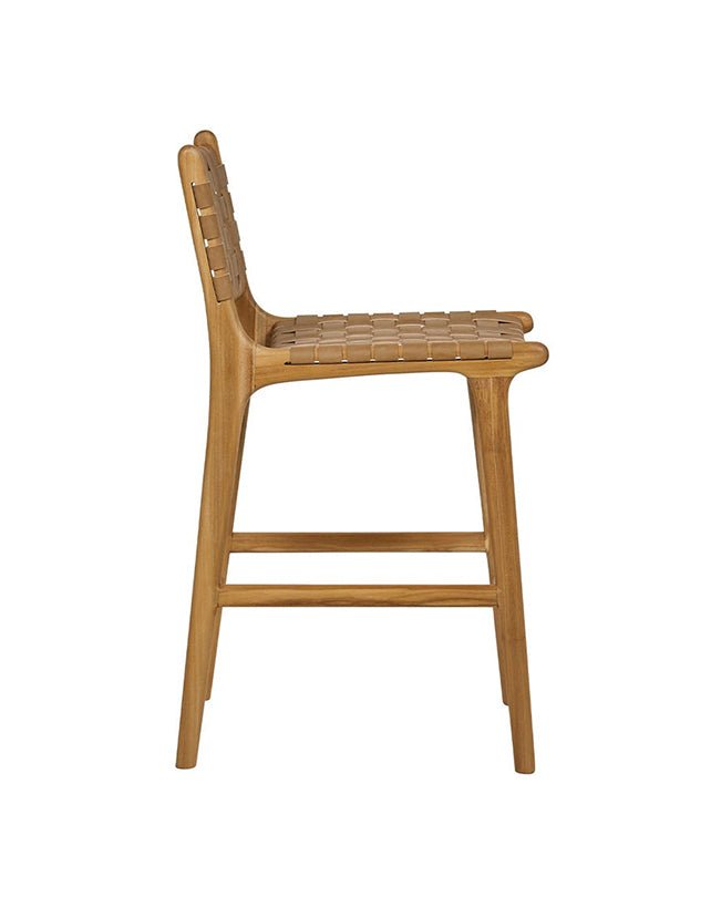 Sgabello da bancone in teak con cinghie in pelle e schienale