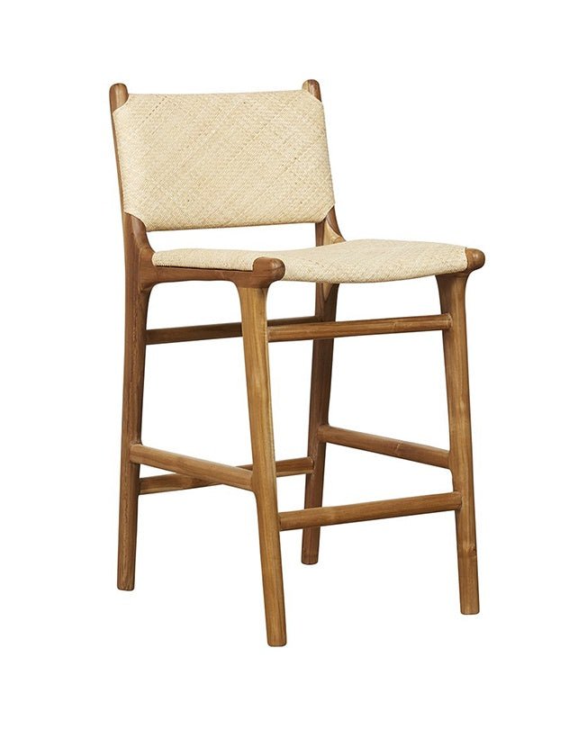 Sgabello da bancone in teak con schienale, in pelle felpata