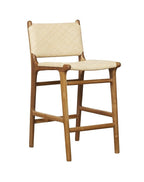 Sgabello da bancone in teak con schienale, in pelle felpata