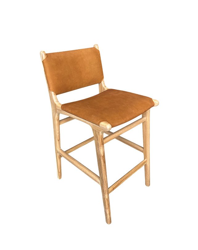 Sgabello da bancone in teak con schienale, in pelle felpata