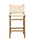 Sgabello da bancone in teak con schienale, in pelle felpata