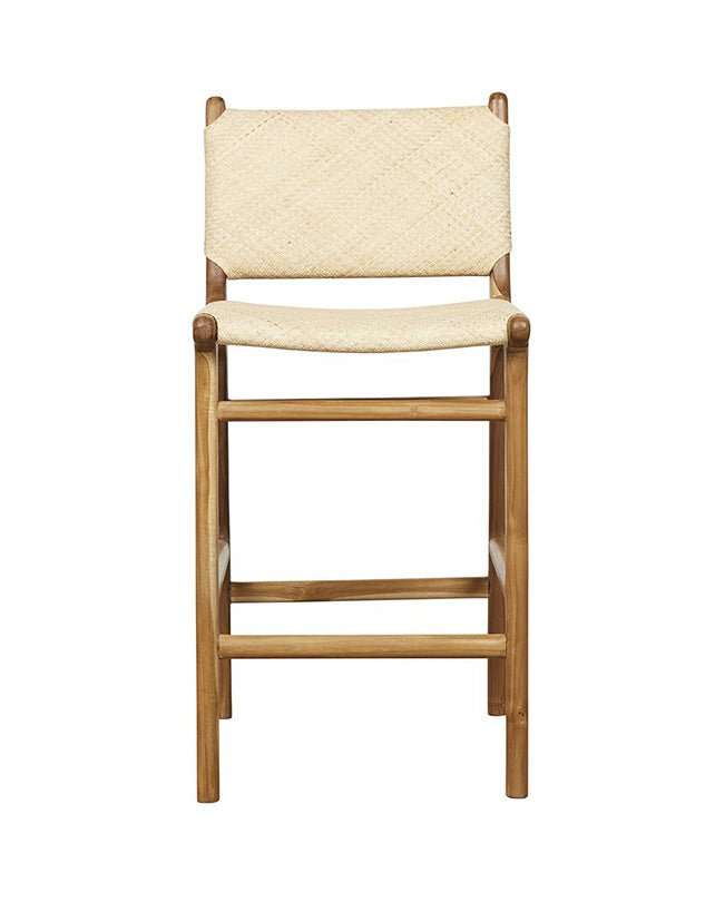 Sgabello da bancone in teak con schienale, in pelle felpata