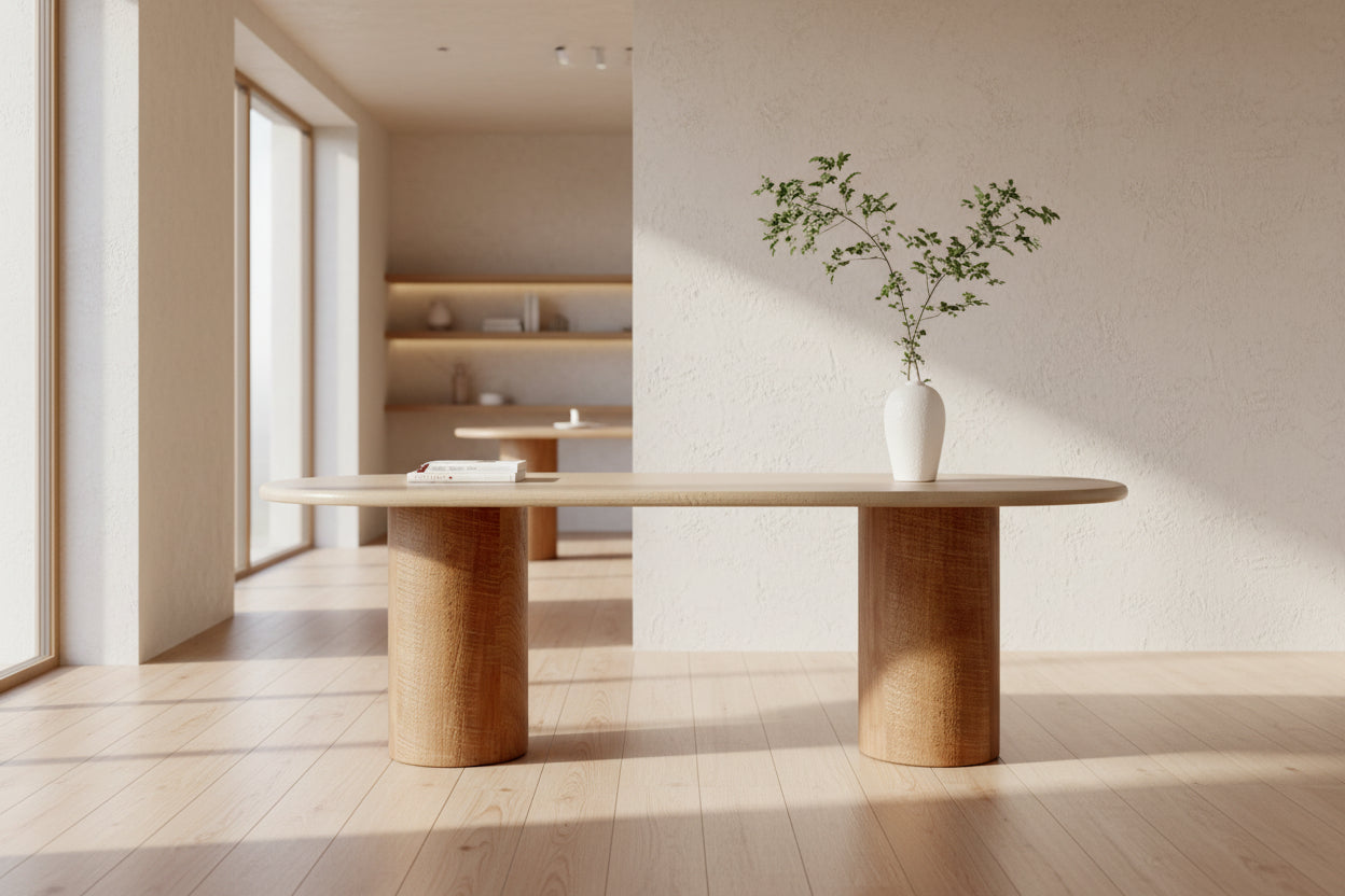 Tavolo da pranzo ovale in teak riciclato a doppia colonna