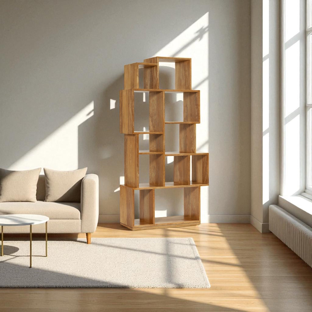 Libreria bassa in legno di mango, stile contemporaneo-retrò