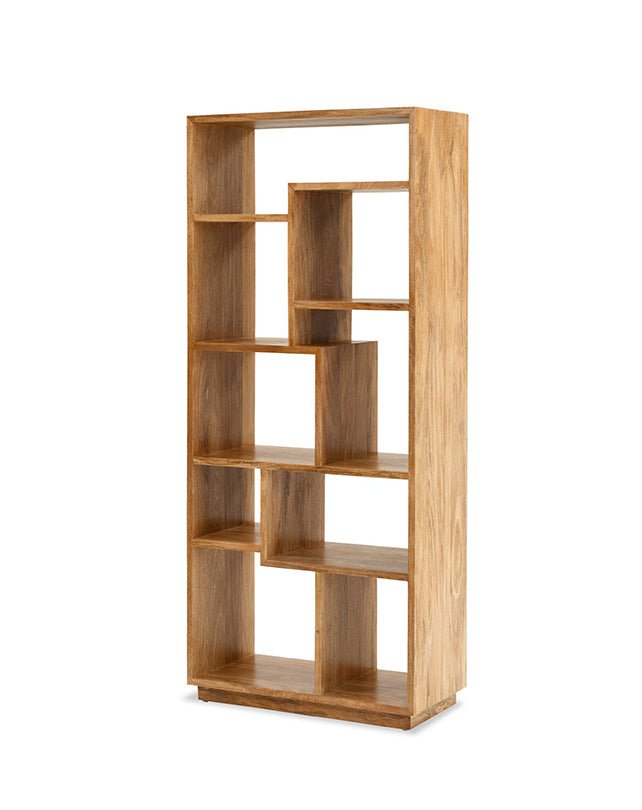 Libreria stretta in legno di mango, levigata e sigillata