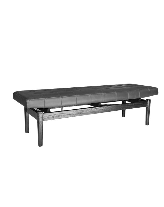 Panca imbottita in pelle nera con base in teak