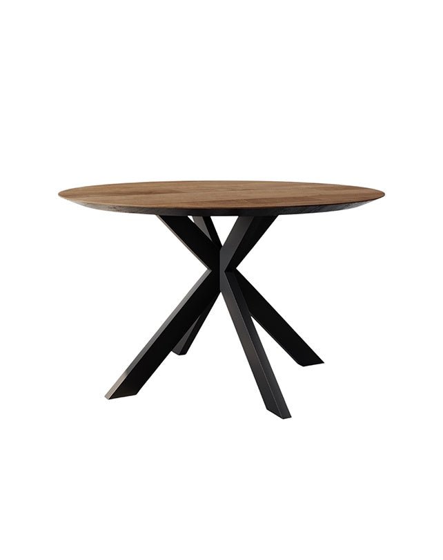 Tavolo da Pranzo Rotondo in Teak Riciclato con Base in Acciaio